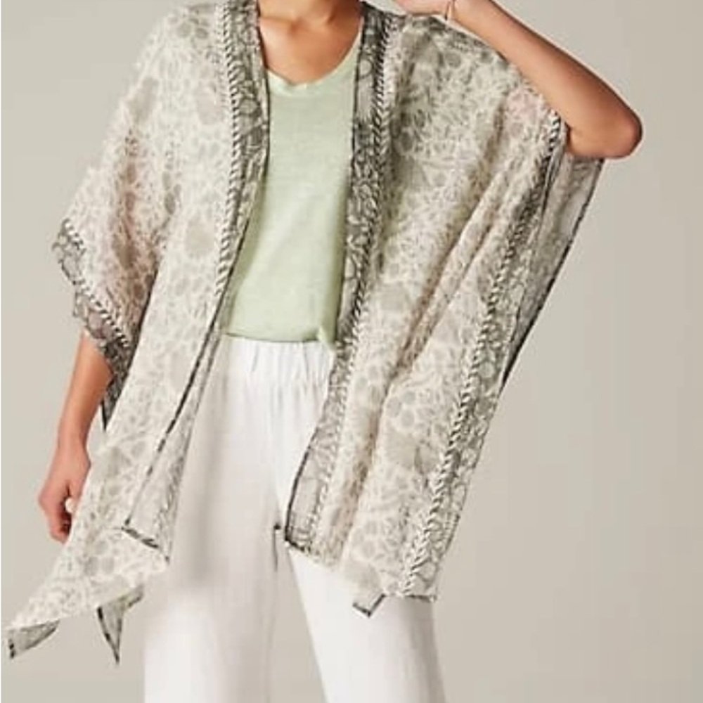 NWOT J JILL PURE Printed & Embroidered Ruana/Kimono, Green Multi, Size S-L